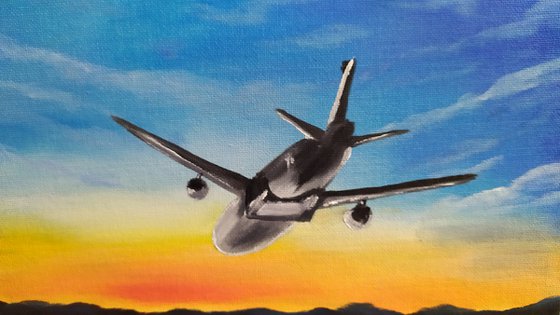 First flight, sky plane oil painting, Gift, impressionistic work