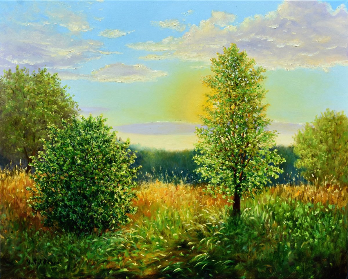 Impressionistic Landscape Oil Painting By Yulia Nikonova, 30 X 24", August, Honey Evening, Original Artwork