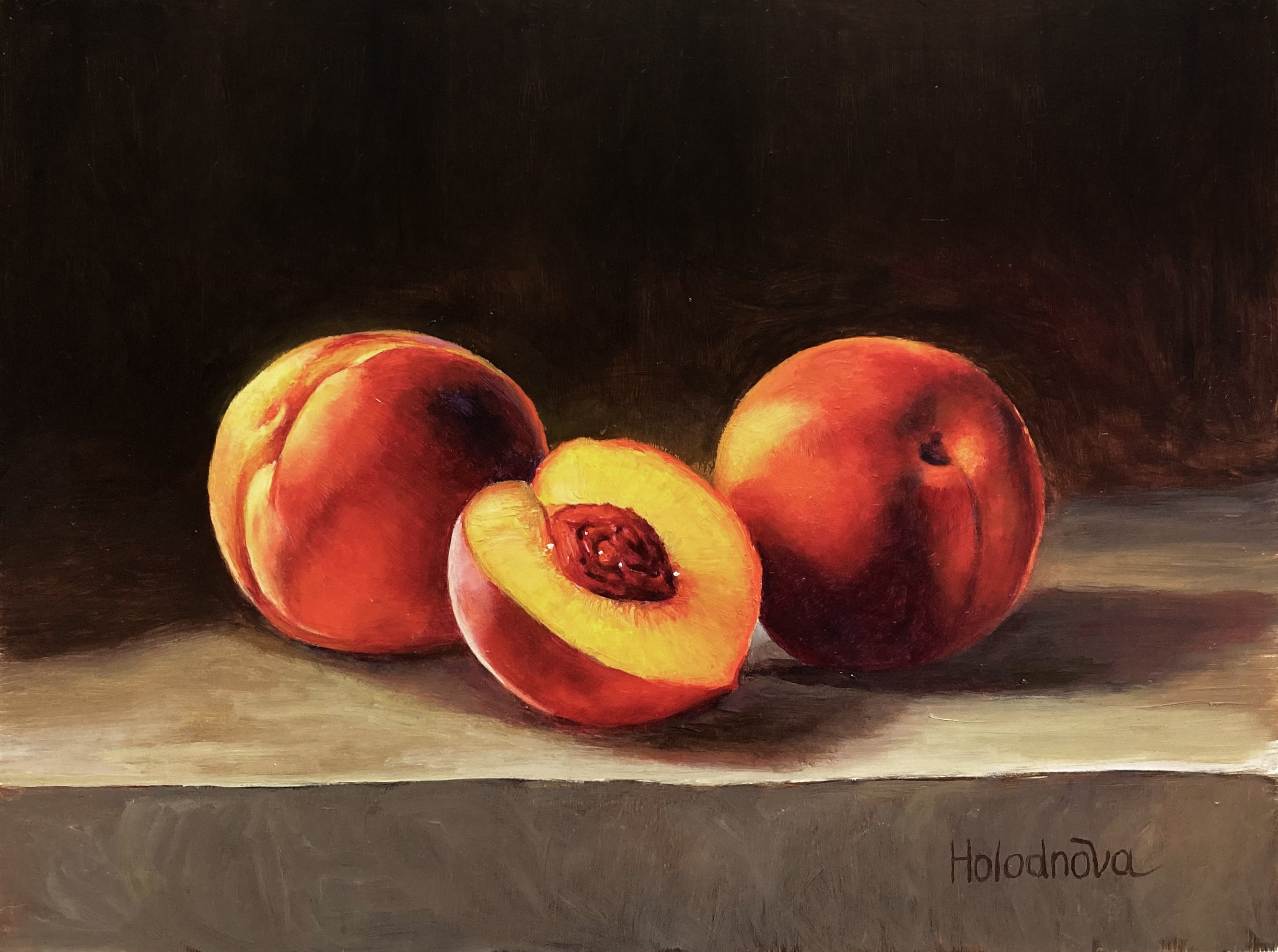 Photorealistic Still Life Oil Painting By Tatyana Holodnova, 12 X 9", Sweet Peaches, Original Artwork