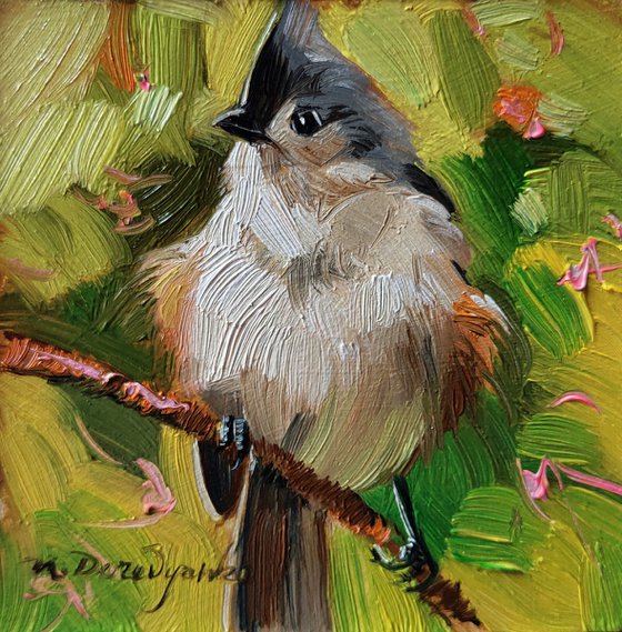 Tufted tit oil bird painting original in frame, Bird art frames