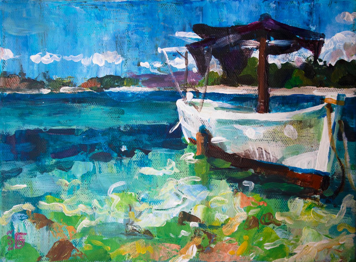 Impressionistic Landscape Acrylic Painting By Kateryna Bortsova, 9 X 7", Original Acrylic Landscape With Boat, Original Artwork