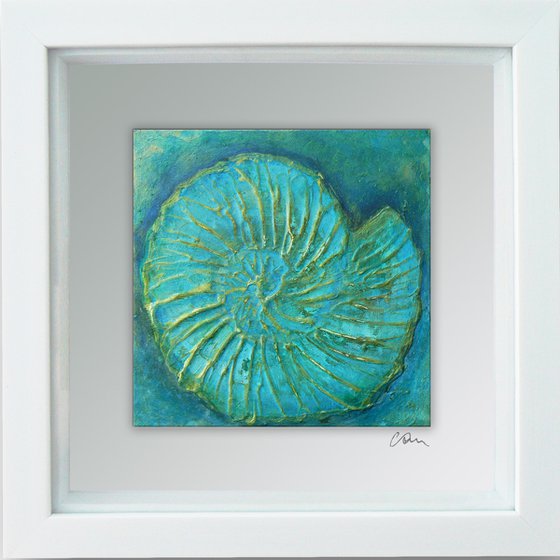 Fossil #1 (ammonite textured painting with gold highlights ) Framed ready to hang original