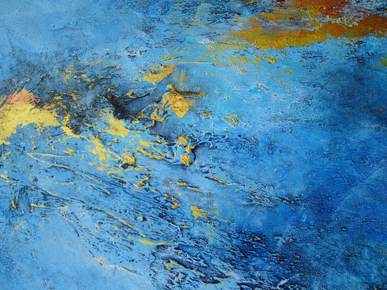 Large Blue and Gold Contemporary Abstract Landscape, Ocean Painting # 810-31. Textured Art