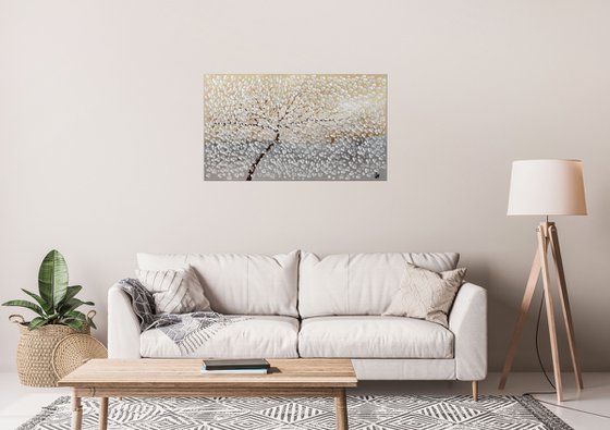 Flying White II  acrylic abstract painting cherry blossoms nature painting , stretched canvas wall art