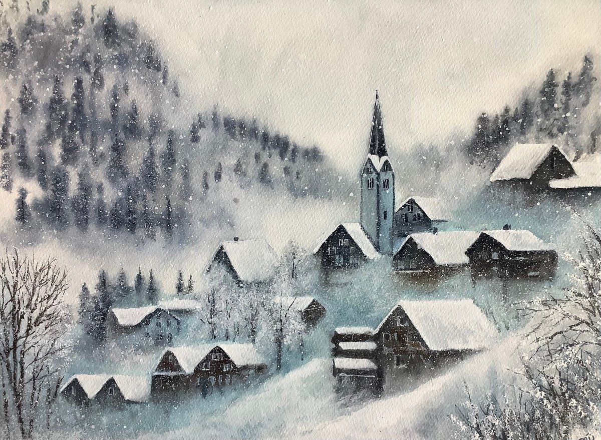 Impressionistic Landscape Watercolour By Darren Carey, 15 X 11, Winter Scene, Original Artwork
