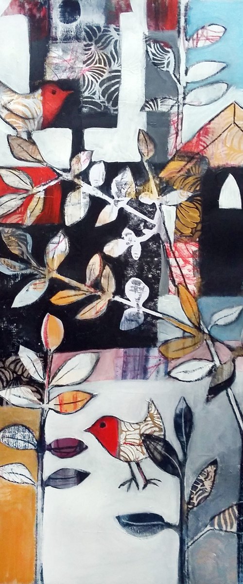 Bird boxes (robins mixed media painting) by Carolynne Coulson