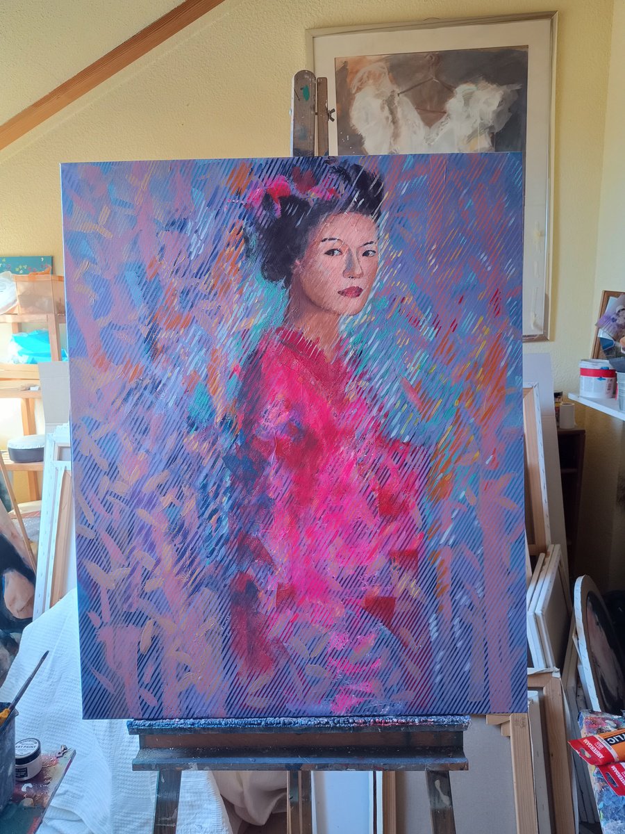 Expressive Portrait Acrylic Painting By Marina Del Pozo, 32 X 39", Gheisa #12, Original Artwork