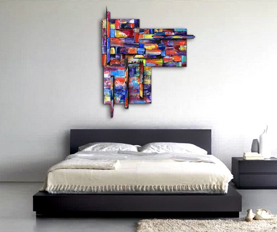 "Block Out" - Original Three-Piece Assembled PMS Mixed Media Sculptural Painting On Wood, Framed -  40 x 48 inches