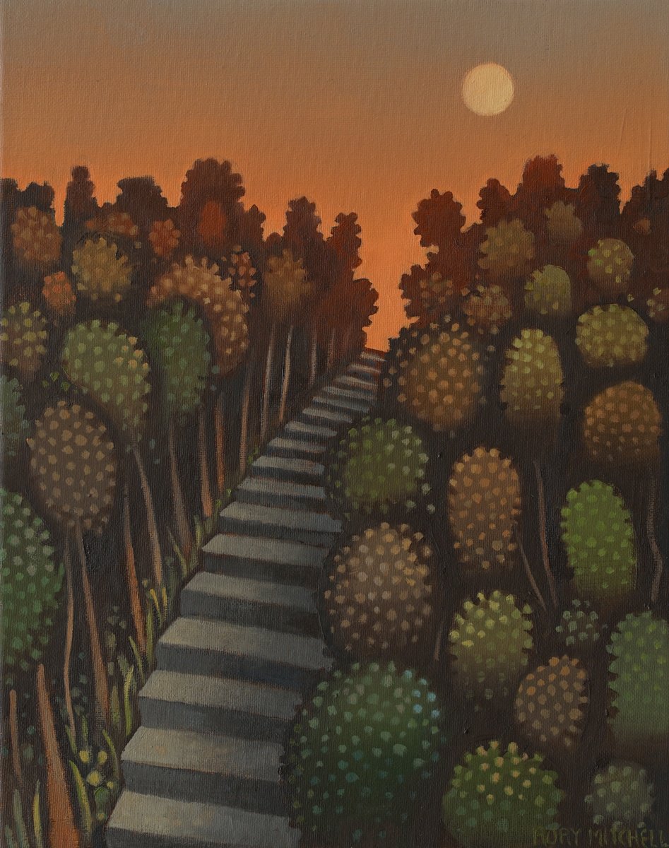 Naive Landscape Oil Painting By Rory Mitchell, 9 X 12", Away From The Ruin, Original Artwork