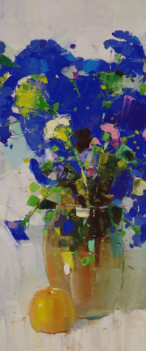 Vase of Blue Flowers, Oil painting, One of a kind, Signed, Handmade artwork by Vahe Yeremyan