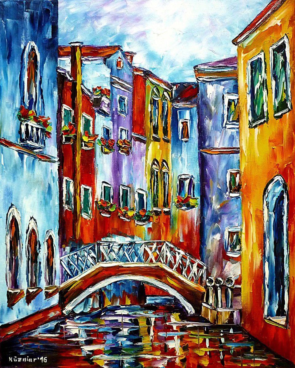 Expressive Cityscapes Oil Painting By Mirek Kuzniar, 16 X 20", Canal Of Venice, Original Artwork