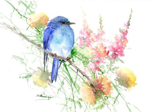 Mountain Bluebird and Flowers by Suren Nersisyan