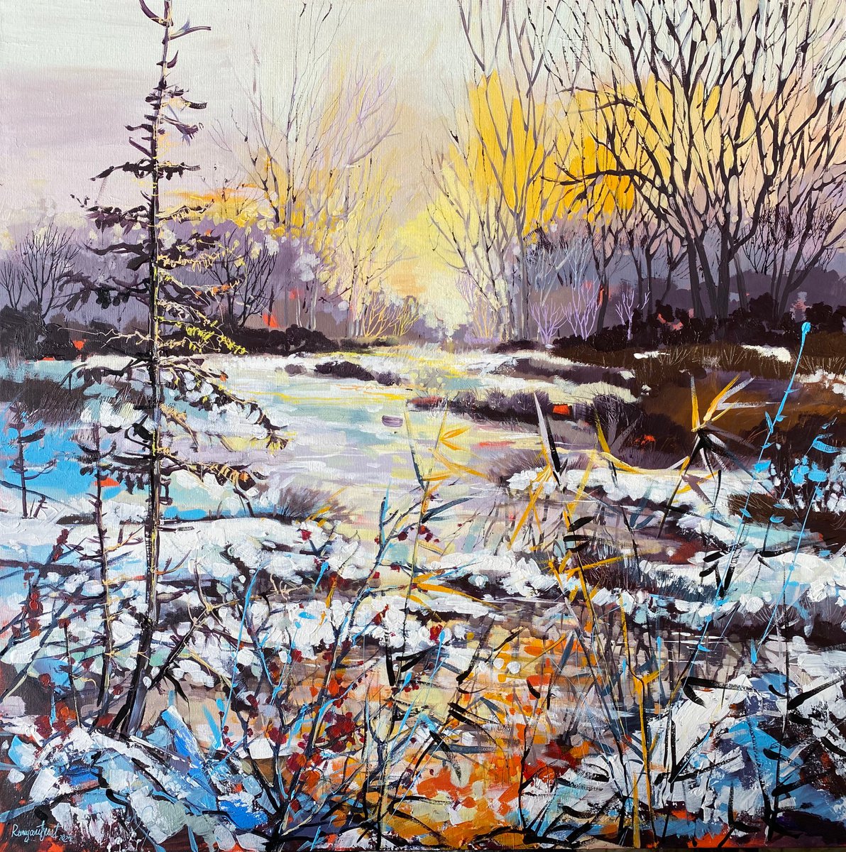 Impressionistic Landscape Acrylic Painting By Irina Rumyantseva, 40 X 40, Sunrise On The River, Original Artwork