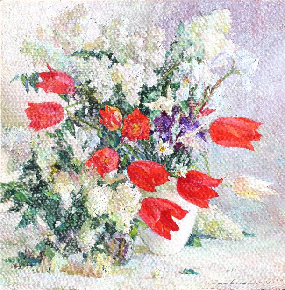 Impressionistic Botanical Oil Painting By Volodymyr Tarabanov, 24 X 24", Spring Breeze, Original Artwork