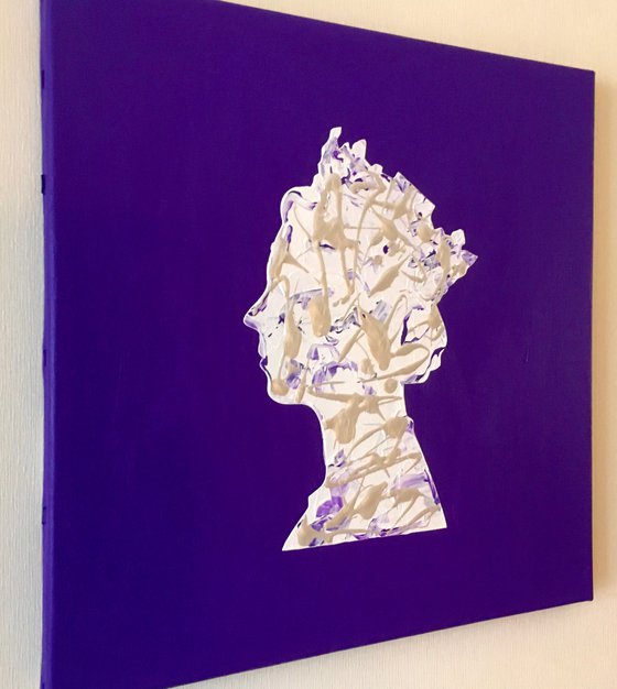 Queen #75 on dark purple, white and silver PAINTING INSPIRED BY QUEEN ELIZABETH PORTRAIT