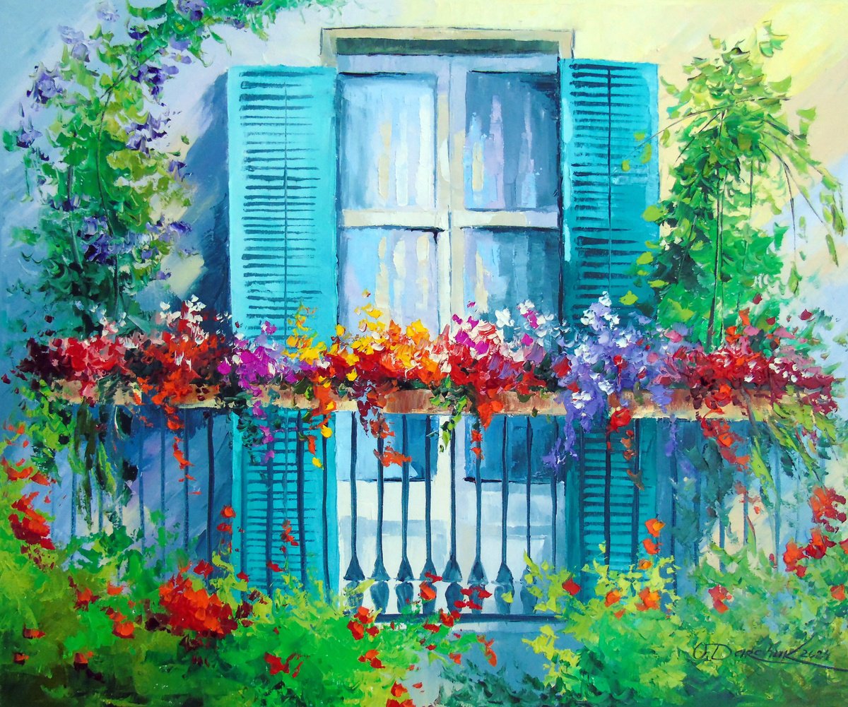 Impressionistic Landscape Oil Painting By Olha Darchuk, 24 X 20", Blooming Balcony, Original Artwork