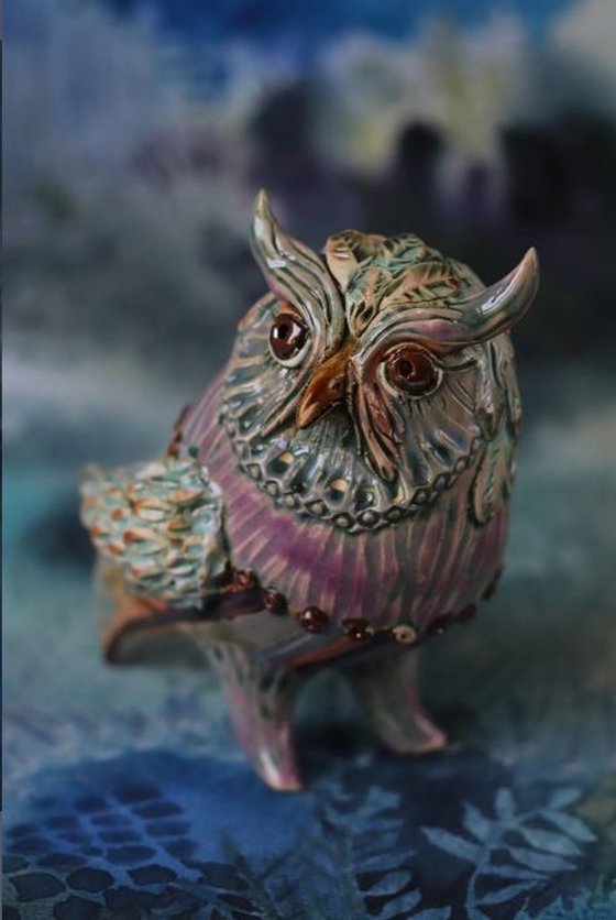 Tender Owl in Blue. Ceramic OOAK sculpture.