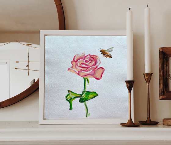 Rose Original Oil Pastel Painting, Bee Illustration, Valentines Day Gift for Her, Cottagecore Wall Art