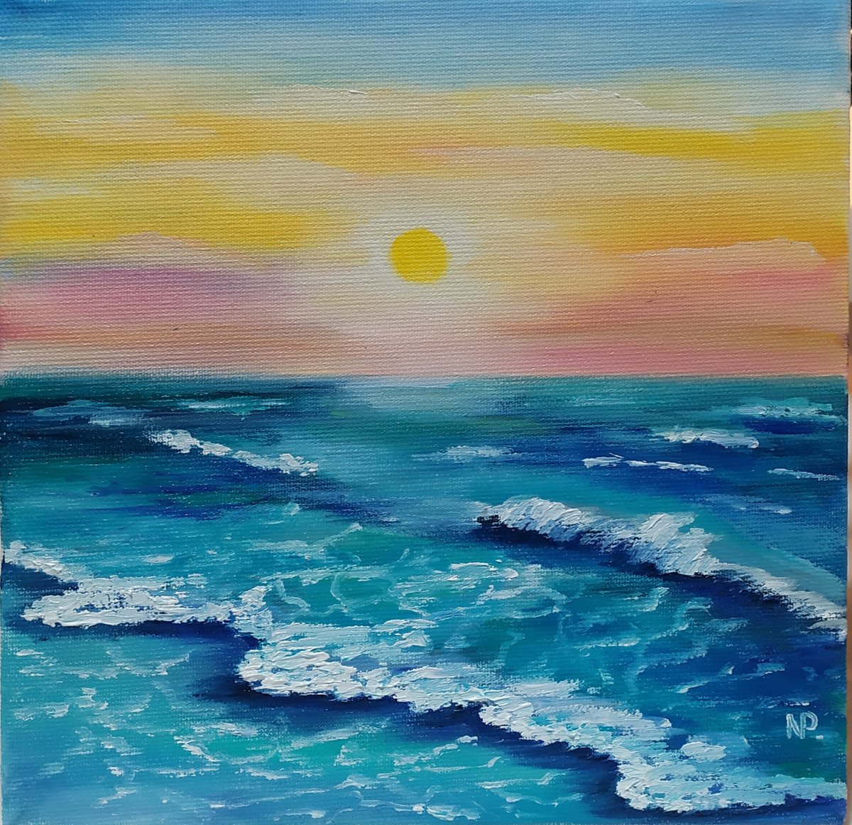 Small waves, small sea landscape oil painting, gift art, bedroom painting by Nataliia Plakhotnyk