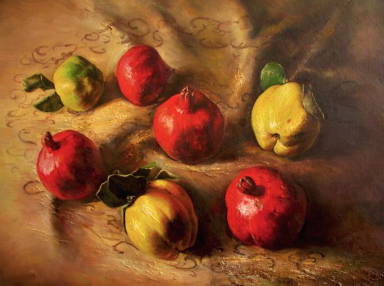 still life with pomegranates and quince