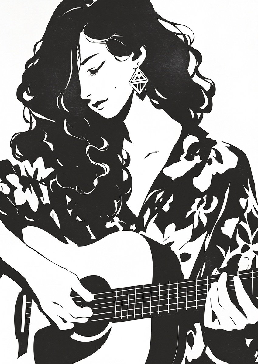 Illustrative Portrait Ink Drawing By Kosta Morr, 12 X 17", Lady Guitarist, Original Artwork