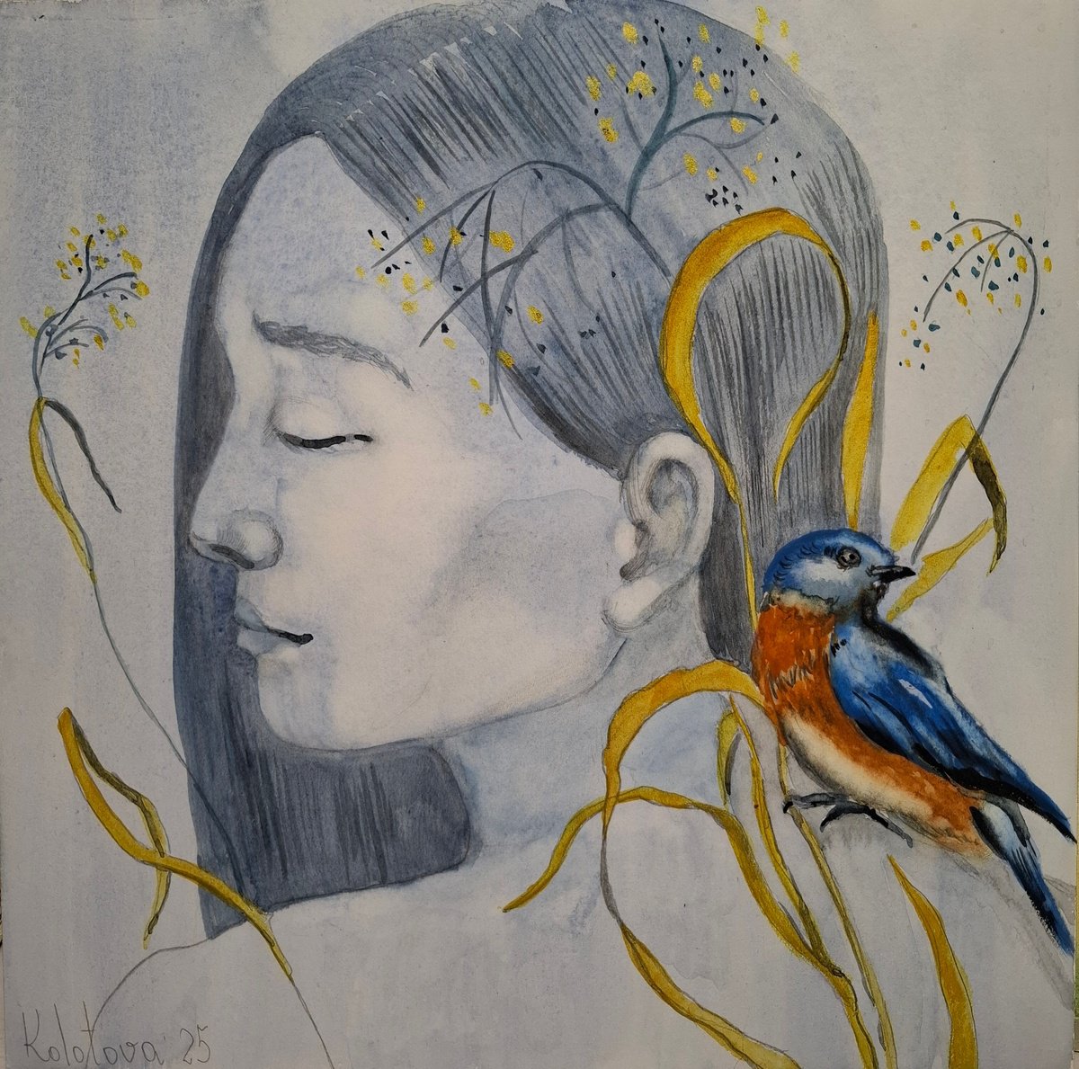 Illustrative Animal Drawing By Olena Kolotova, 10 X 10", "Blue Bird", Original Artwork