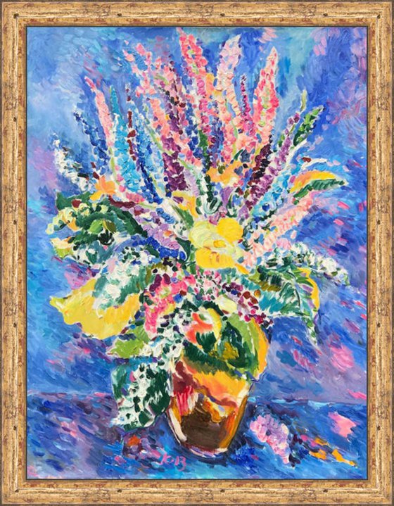 BOUQUET - floral still-life with summer flowers, original painting oil on canvas, Valentine's Day gift