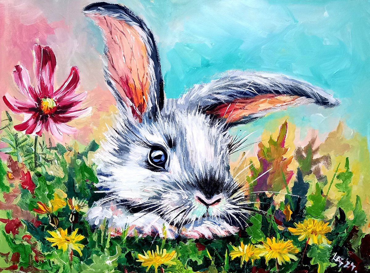 Impressionistic Animal Acrylic Painting By Kovacs Anna Brigitta, 16 X 12", Rabbit With Dandelions, Original Artwork