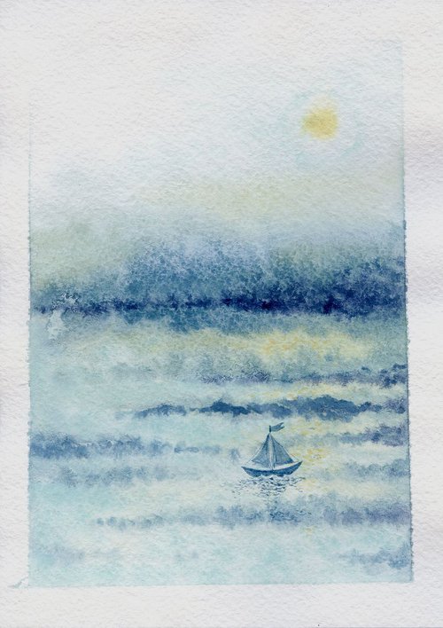 Original watercolor illustration of dreamy seascape with boat by Liliya Rodnikova