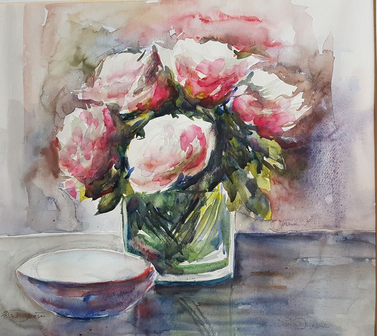 Impressionistic Botanical Watercolour By Els Driesen, 20 X 26, Roses In A Vase, Original Artwork