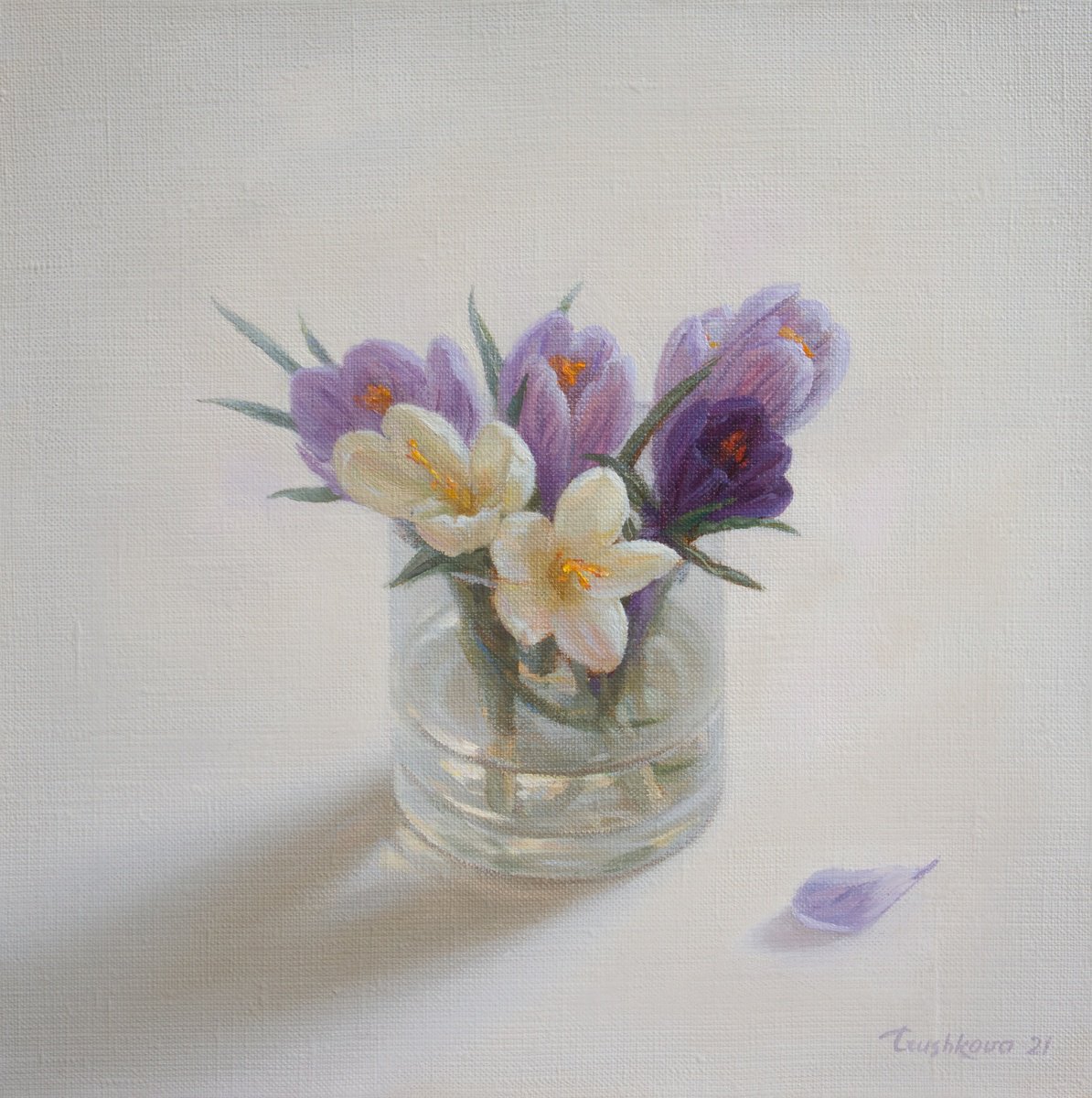 Photorealistic Still Life Oil Painting By Irina Trushkova, 12 X 12, Crocuses, Original Artwork