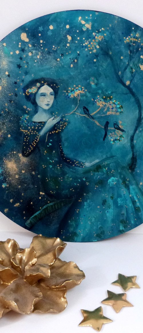 Au fil du ciel, 30 cm diameter on wood. by Loetitia Pillault