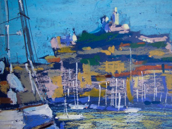 Marseille harbour. Oil pastel painting. Small interior decor travel gift shadow original impression urban sea boat france