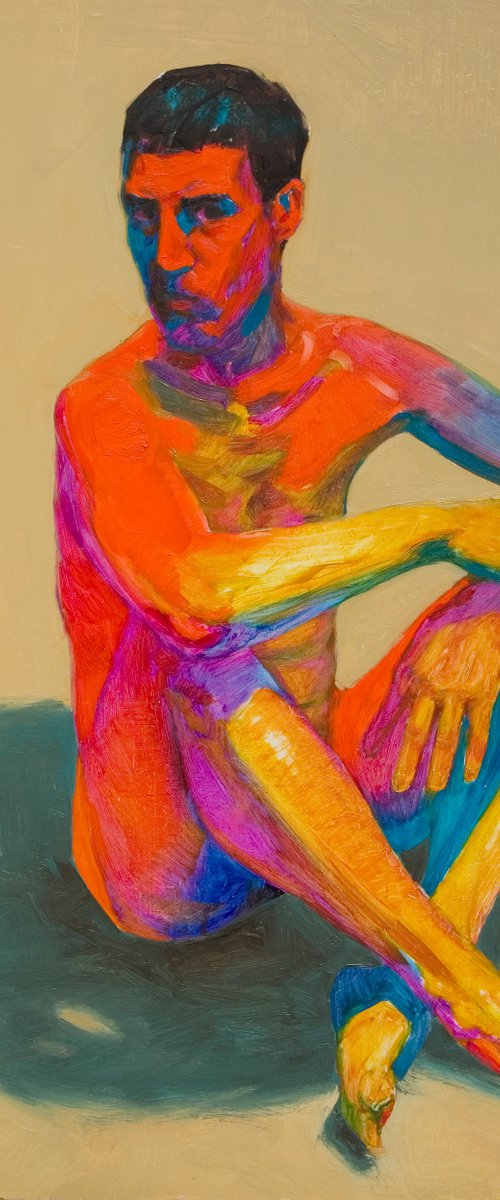 modern pop art portrait of a nude man in yellow red blue and ocher by Olivier Payeur