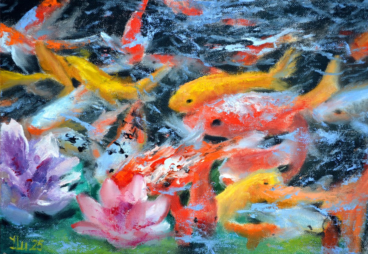 Impressionistic Animal Oil Painting By Elena Lukina, 12 X 8, A Koi Paradise, Original Artwork