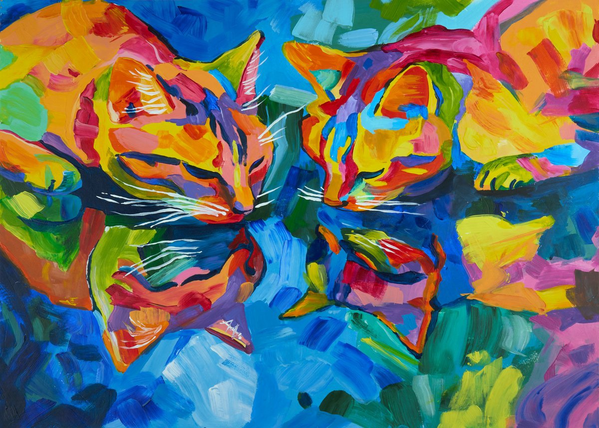 Expressive Animal Acrylic Painting By Kosta Morr, 17 X 12", Thirsty Cats, Original Artwork