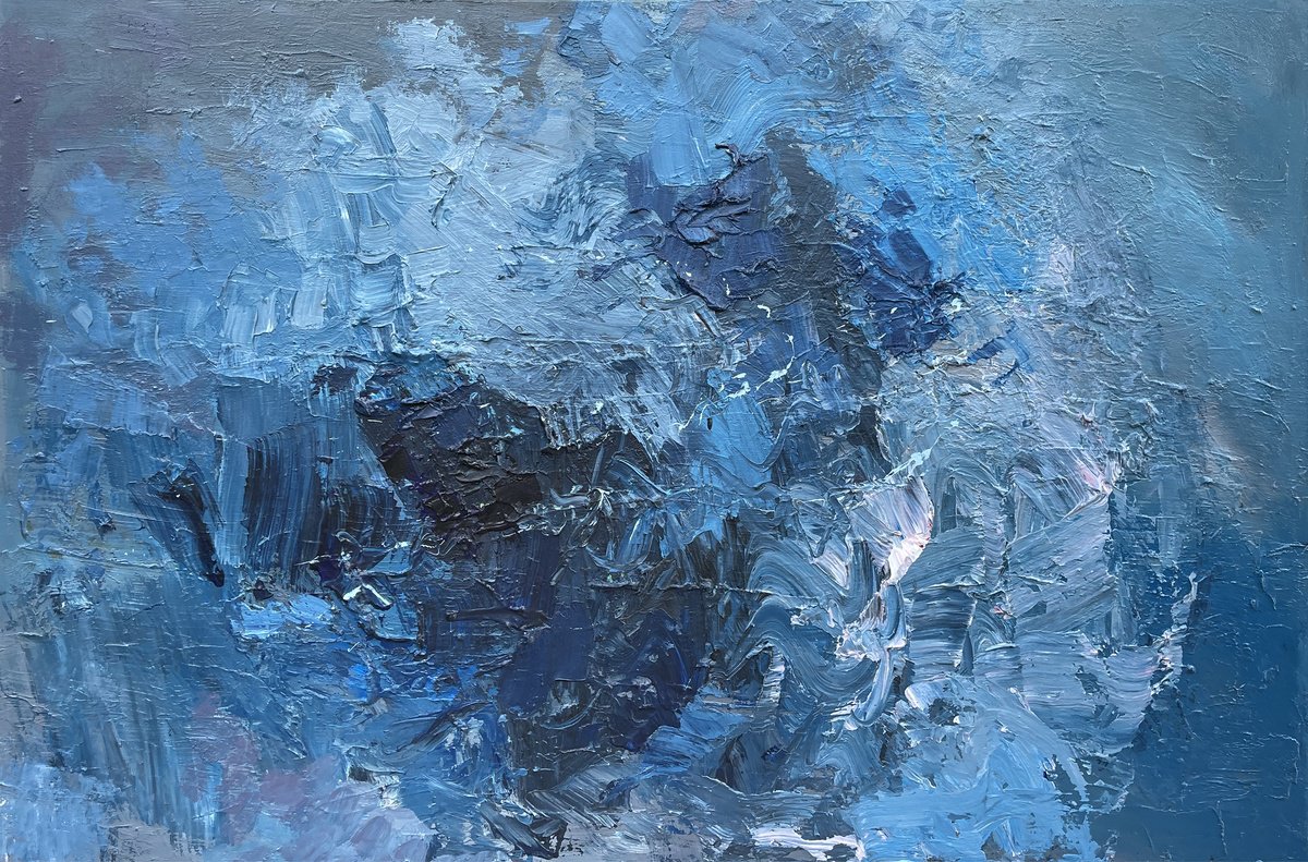 Expressive Abstract Oil Painting By Agostino Veroni, 60 X 40, Blue Abstract - Modern Art - Ready To Hang, Original Artwork