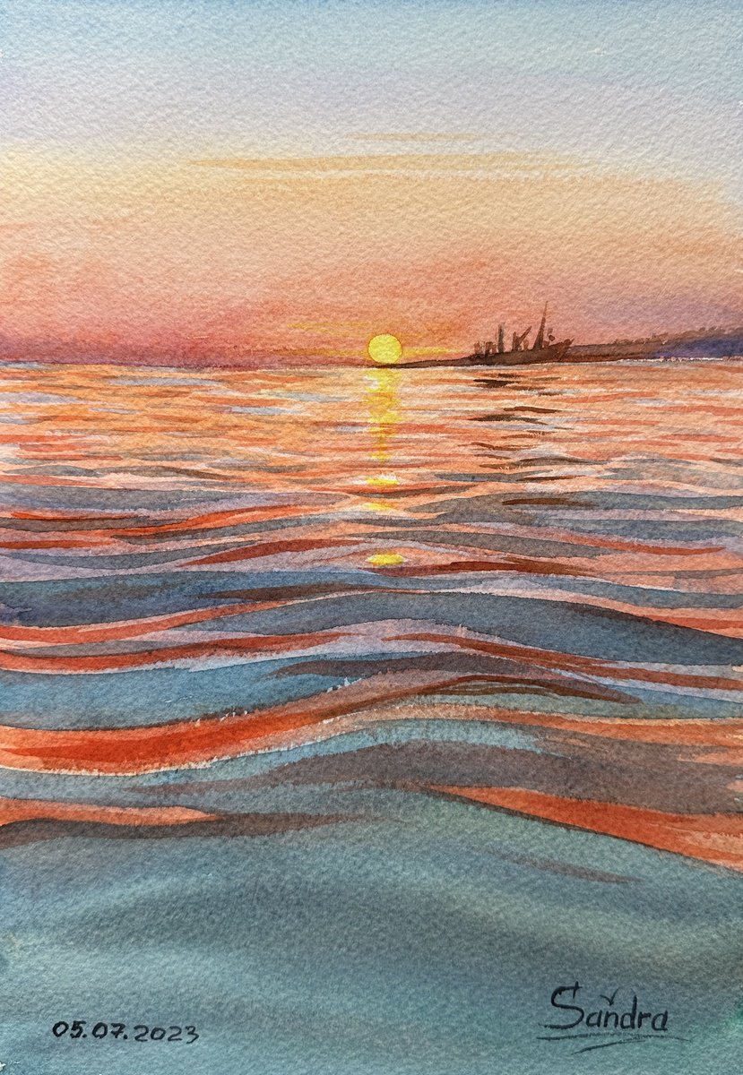 Impressionistic Watercolour , Sunset On Liski Beach, Berdyansk, Ukraine By Oleksandra Padushyna, 7 X 10, Artwork For Sale On Artfinder