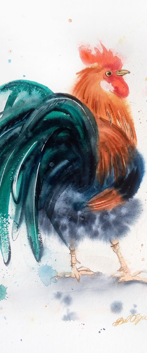 Proud Rooster - country decor by Olga Beliaeva Watercolour