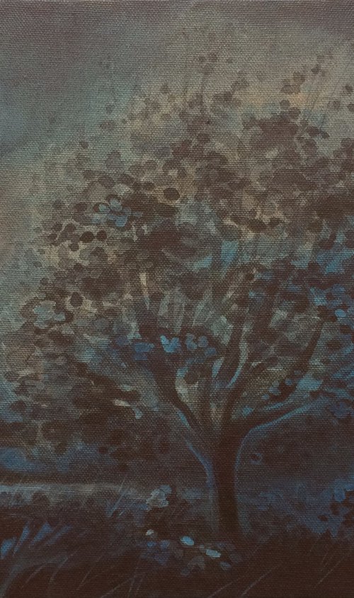 Pink Moon on a Blue Night; ready to hang landscape by Phyllis Mahon