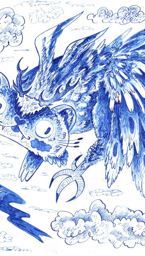 Peacock-cat in blue ink by Anna Onikiienko