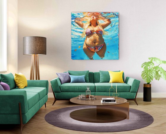Blonde plus size curvy body positive plump fat sexy big appetizing woman in bikini under water in the sea, swimming pool, ocean. Original colorful marine style wall art for modern home decor. Art Gift