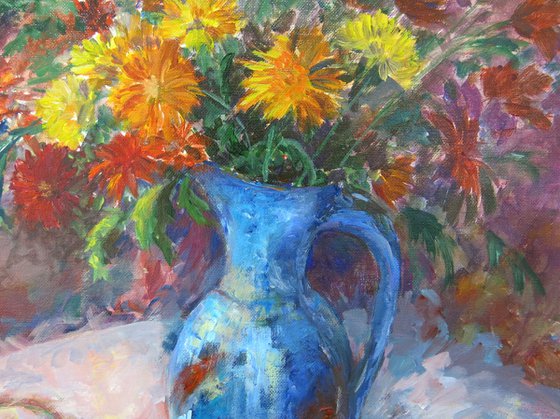 Chrysanthemums in a Blue Jug
