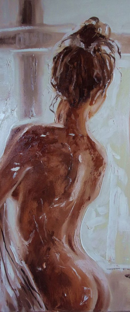 " AFTER THE BATH " - 50x70cm original oil painting on canvas, gift, palette kniffe by Monika Luniak