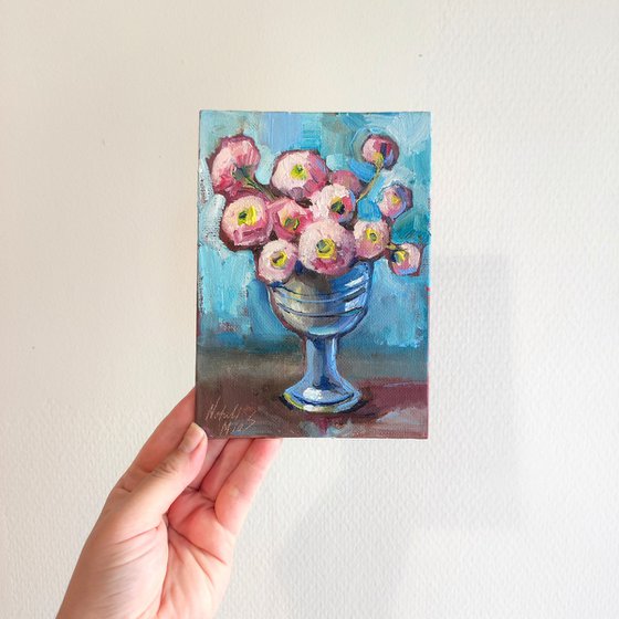 Pink Blossoms in a Silver Vase