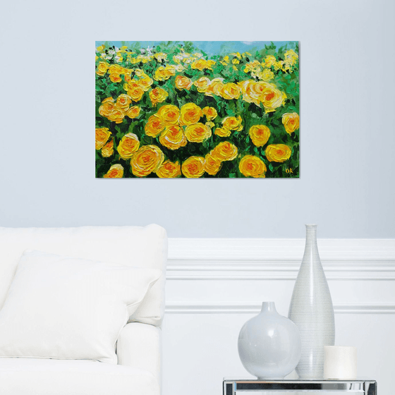 FIELD OF YELLOW, ORANGE, WHITE  ROSES  palette knife modern decor MEADOW OF FlOWERS, LANDSCAPE,  office home decor gift