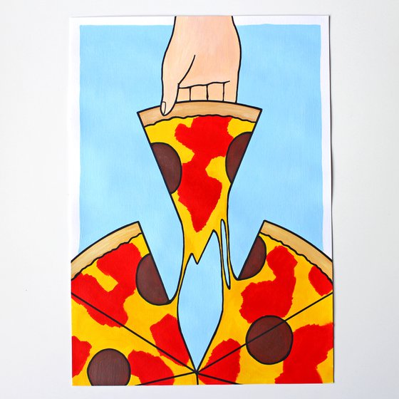 Pizza First Slice - Pop Art Painting On A3 Paper (Unframed)