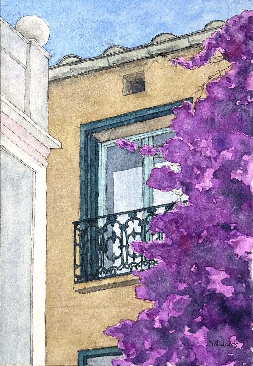 Impressionistic Cityscapes Watercolour By Michael Richards, 8 X 12", Bougainvillea At Collioure, Original Artwork