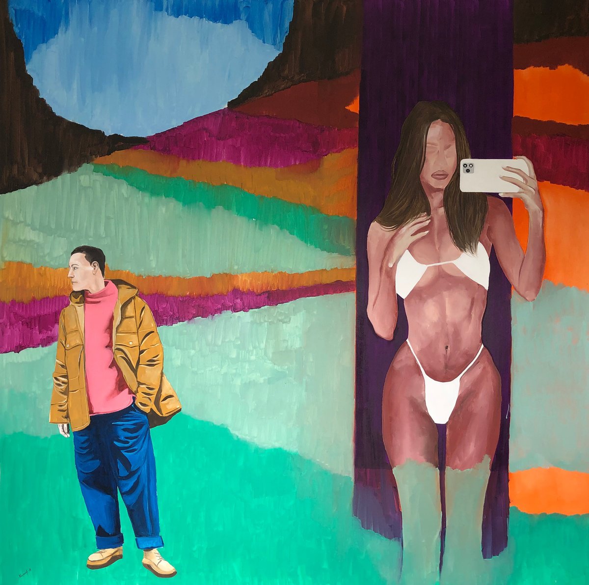 Urban And Pop Portrait Oil Painting By Kujbus Janos, 59 X 59", Nature Walks No.2, Original Artwork