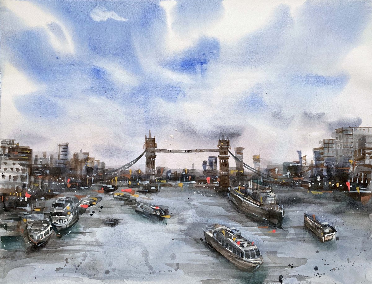 Impressionistic Cityscapes Watercolour By Galina Poloz, 16 X 12, London View Over Thames., Original Artwork